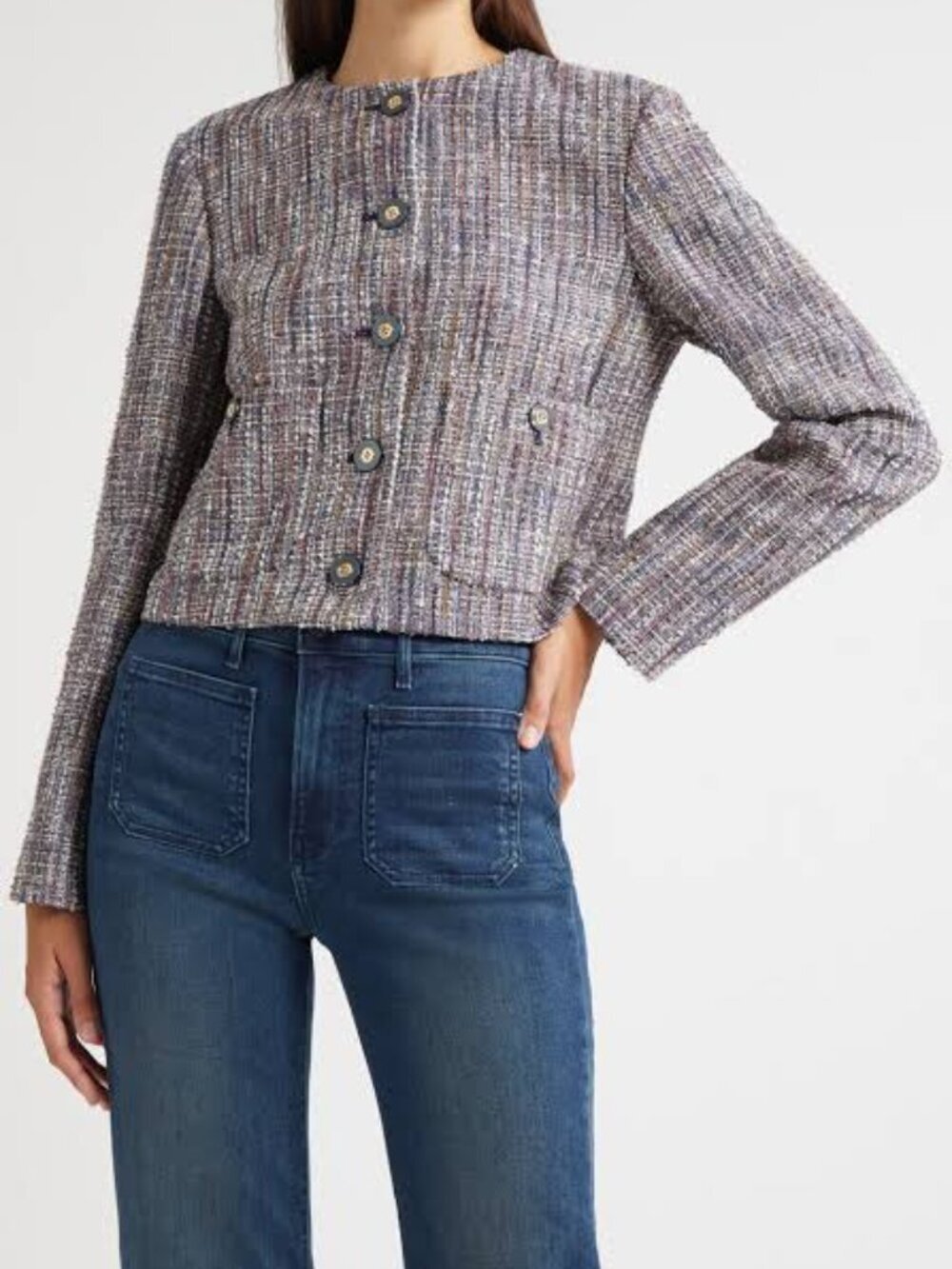 Veronica Beard Andrea Jacket Multicolor Tweed Collarless Cropped Blazer Size 6